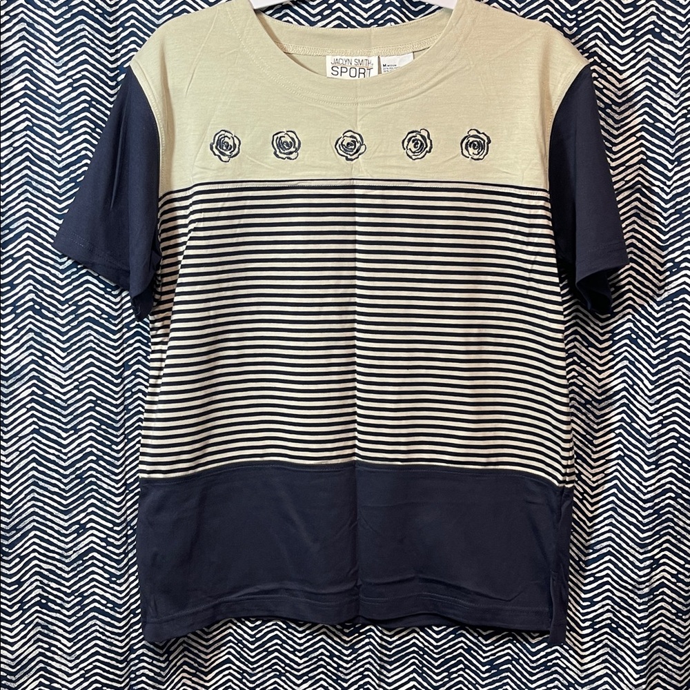 Jaclyn Smith Navy and Cream Floral Stripe Top